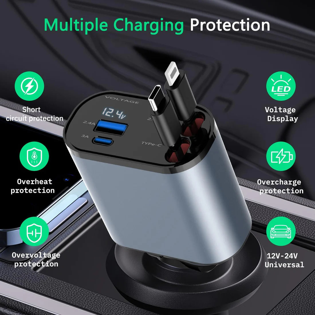 Smart | 4 in 1 Retractable cables 2 Type C and iOS Fast Charging 120W Car Phone Charger
