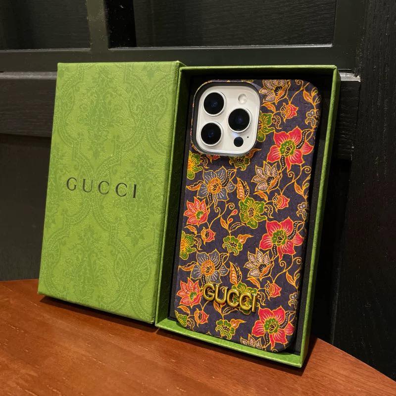 Luxury Gucci-Inspired Oil-Painted Floral Leather Case for iPhone – Premium Designer Back Cover