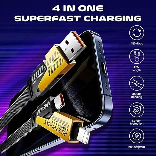 DC 4-in-1 Fast Charging Cable – 65W USB-C & USB-A | Metal Braided | iPhone & Android Compatible