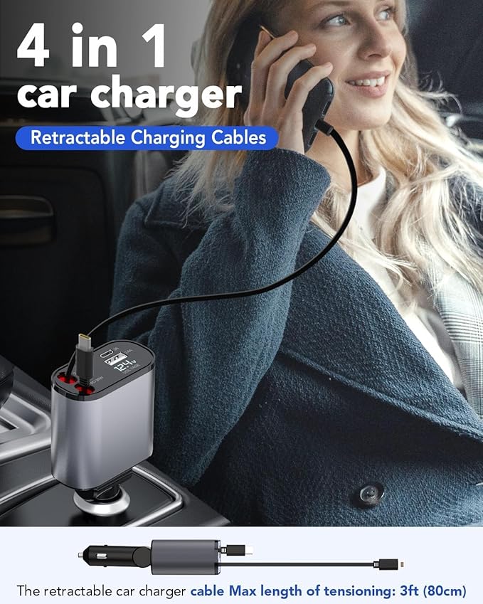Smart | 4 in 1 Retractable cables 2 Type C and iOS Fast Charging 120W Car Phone Charger