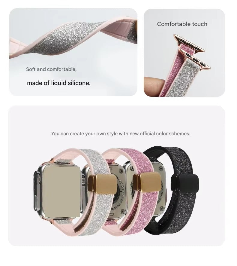 Glitter Magnetic Leather Silicone Strap for Apple Watch – Stylish, Comfortable & Secure Fit Band