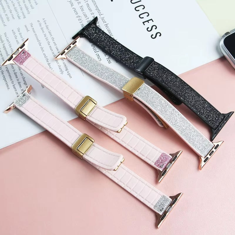 Glitter Magnetic Leather Silicone Strap for Apple Watch – Stylish, Comfortable & Secure Fit Band