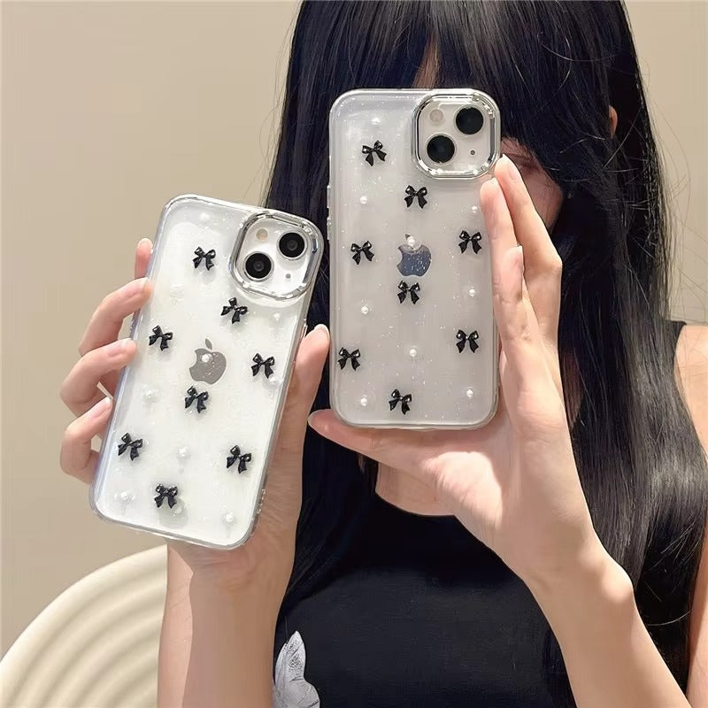 Korean Epoxy Bow Pearl Clear TPU Phone Case – Transparent Cover for iPhone