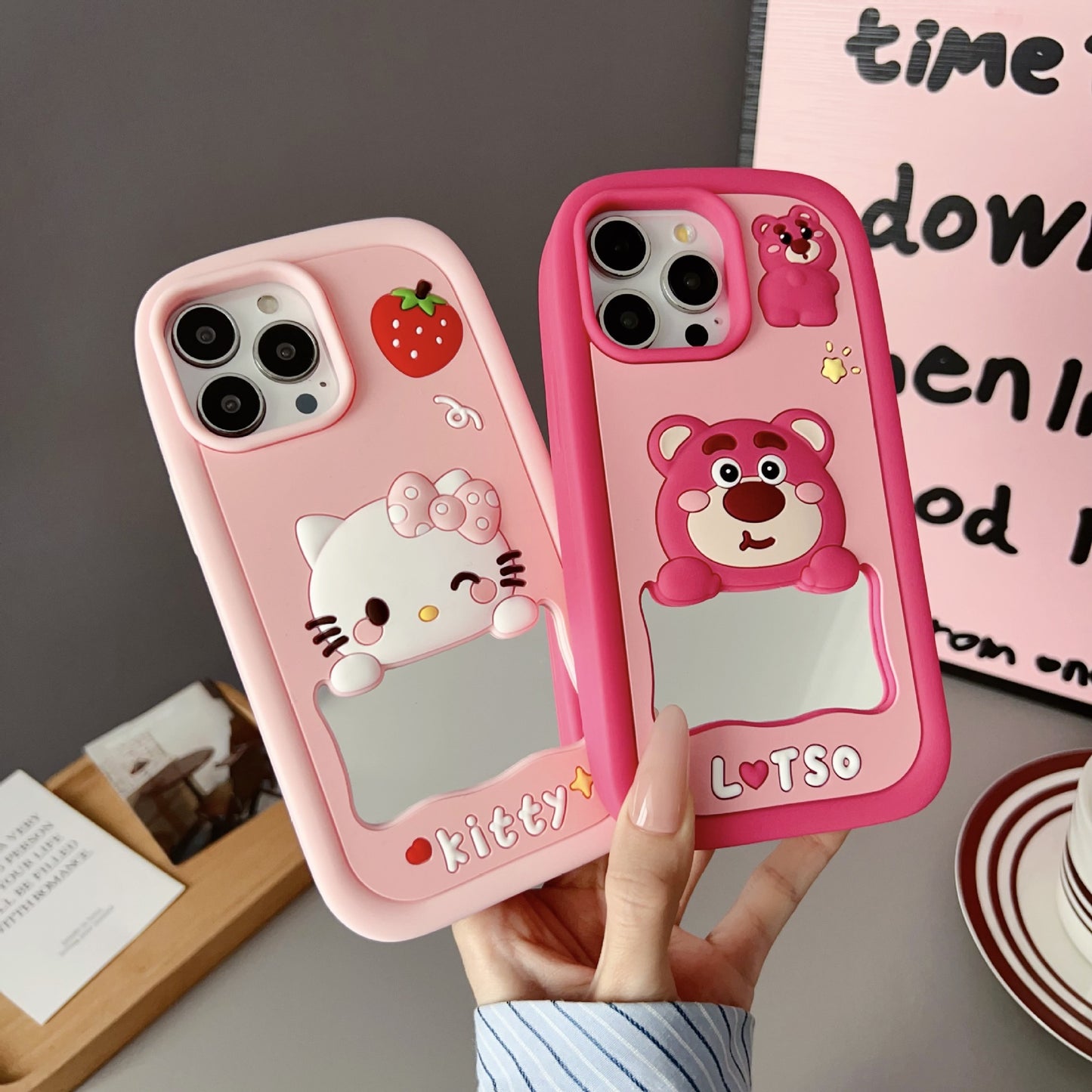 Soft Silicone Kitty Case with Makeup Mirror for iPhone