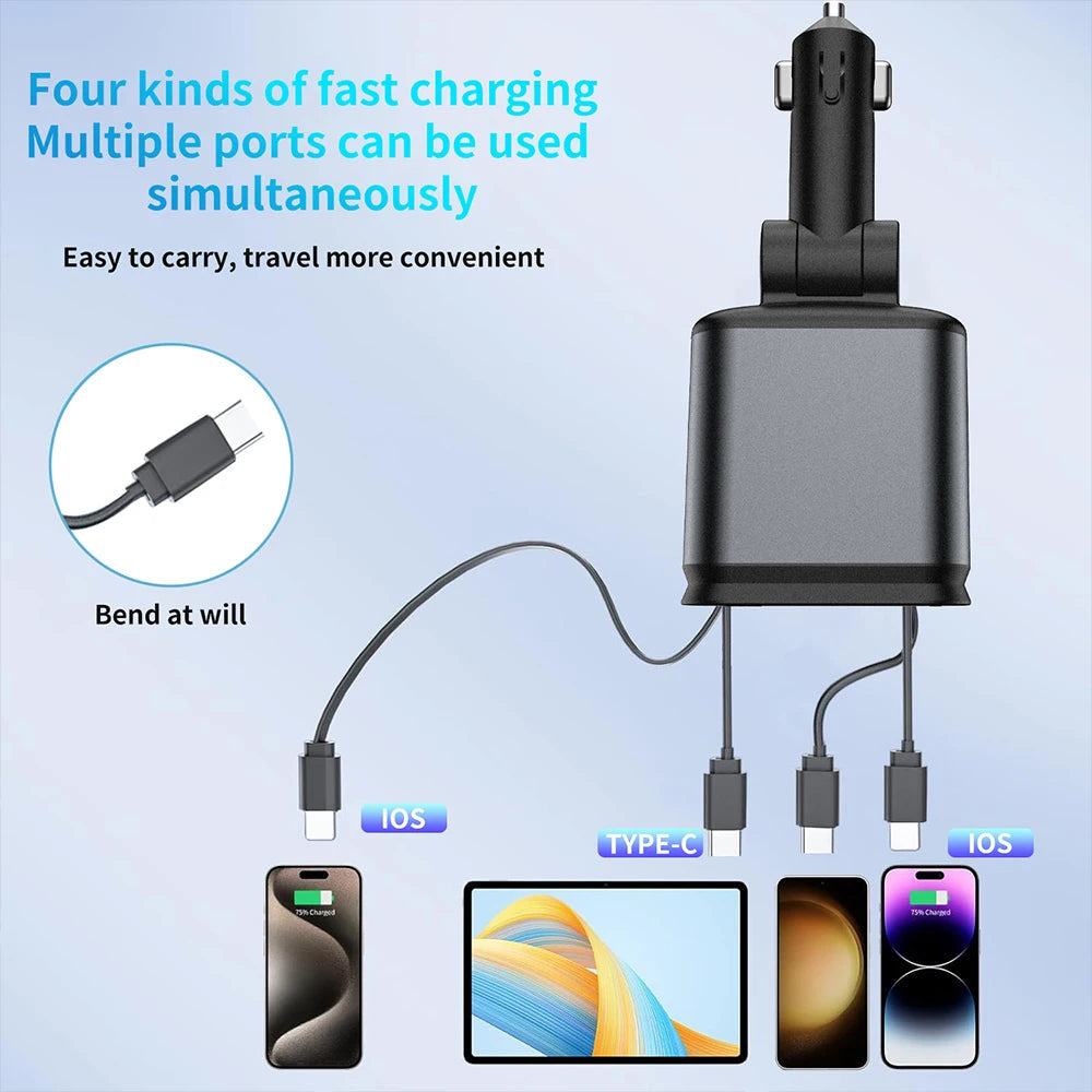 Smart | 4 in 1 Retractable cables 2 Type C and iOS Fast Charging 120W Car Phone Charger