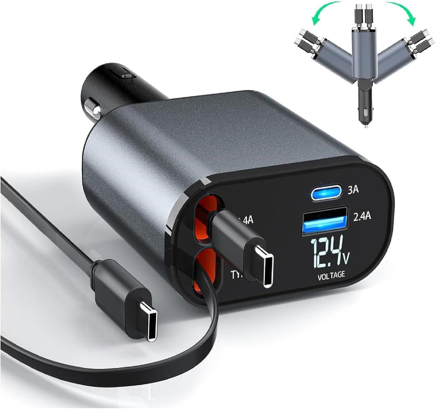 Smart | 4 in 1 Retractable cables 2 Type C and iOS Fast Charging 120W Car Phone Charger