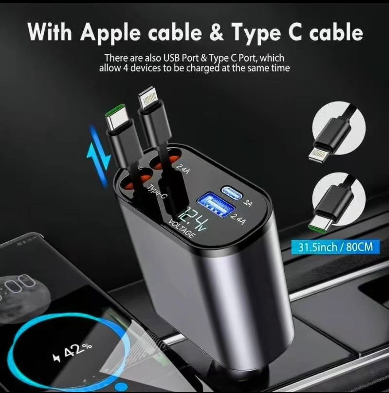 Smart | 4 in 1 Retractable cables 2 Type C and iOS Fast Charging 120W Car Phone Charger