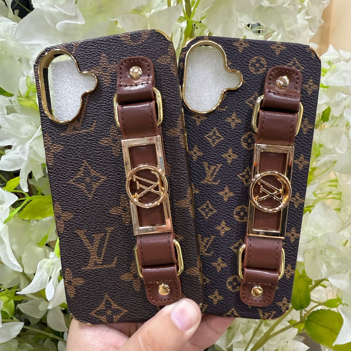 Luxury Leather Strap Case for iPhone – Premium Designer Grip Cover with Gold Detailing