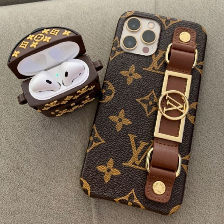 Luxury Leather Strap Case for iPhone – Premium Designer Grip Cover with Gold Detailing