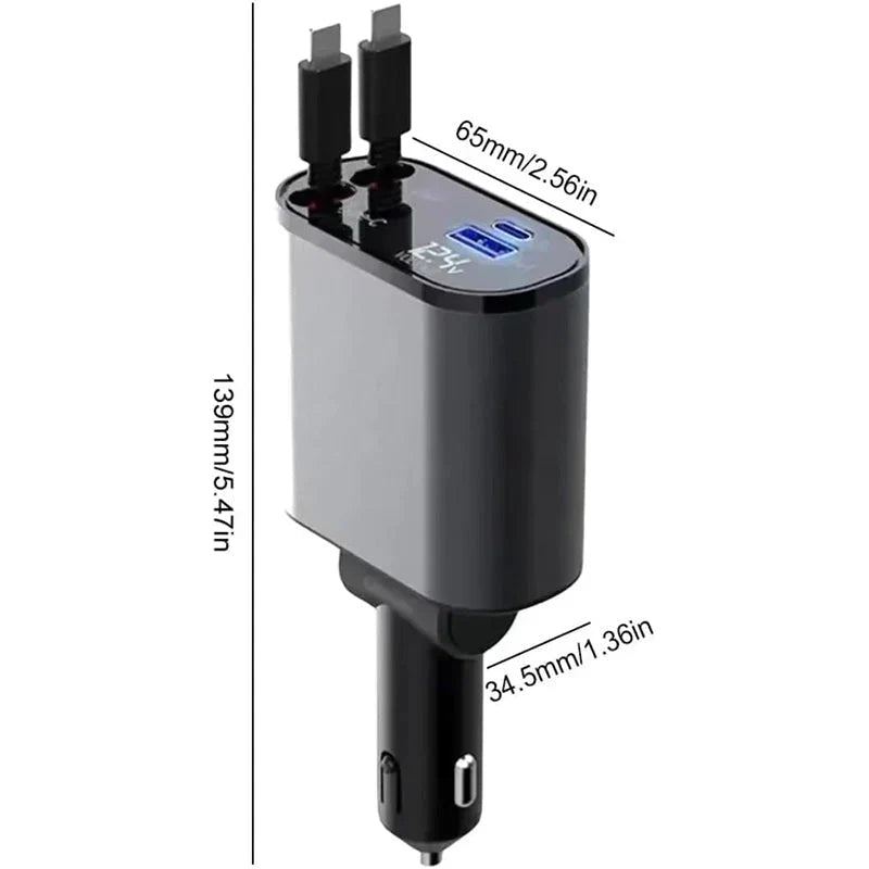 Smart | 4 in 1 Retractable cables 2 Type C and iOS Fast Charging 120W Car Phone Charger