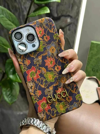 Luxury Gucci-Inspired Oil-Painted Floral Leather Case for iPhone – Premium Designer Back Cover