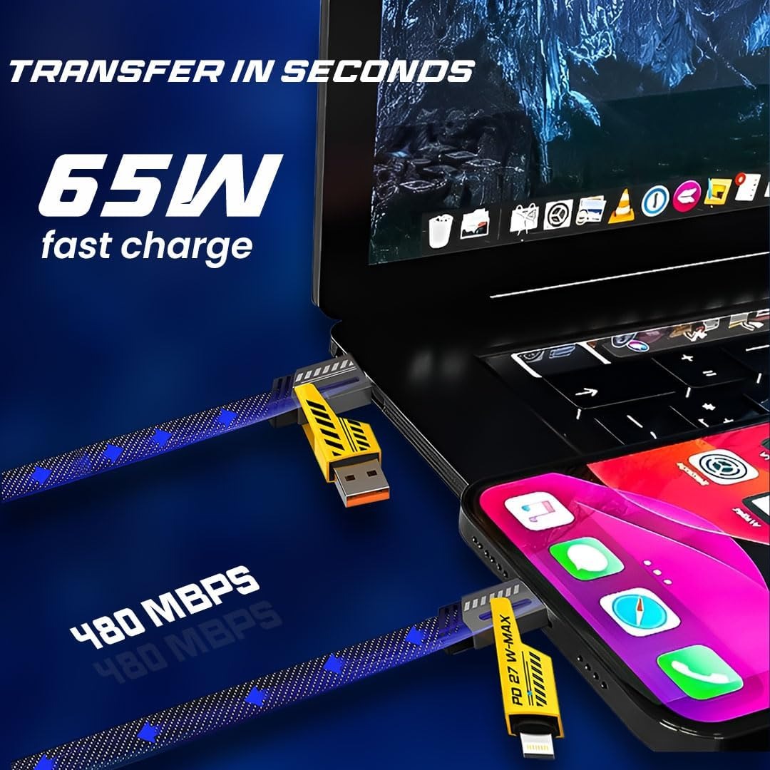 DC 4-in-1 Fast Charging Cable – 65W USB-C & USB-A | Metal Braided | iPhone & Android Compatible