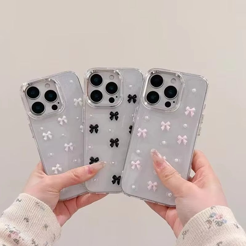 Korean Epoxy Bow Pearl Clear TPU Phone Case – Transparent Cover for iPhone