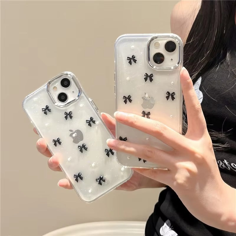 Korean Epoxy Bow Pearl Clear TPU Phone Case – Transparent Cover for iPhone