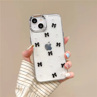 Korean Epoxy Bow Pearl Clear TPU Phone Case – Transparent Cover for iPhone