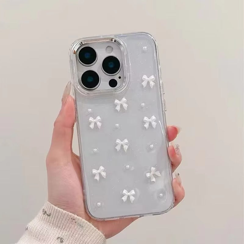 Korean Epoxy Bow Pearl Clear TPU Phone Case – Transparent Cover for iPhone