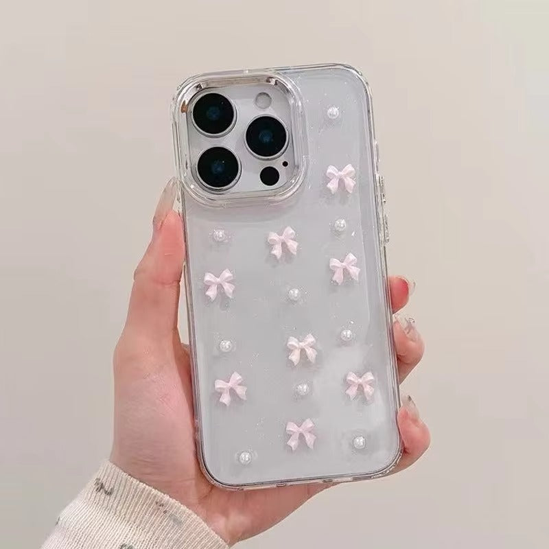 Korean Epoxy Bow Pearl Clear TPU Phone Case – Transparent Cover for iPhone