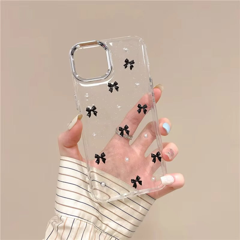 Korean Epoxy Bow Pearl Clear TPU Phone Case – Transparent Cover for iPhone