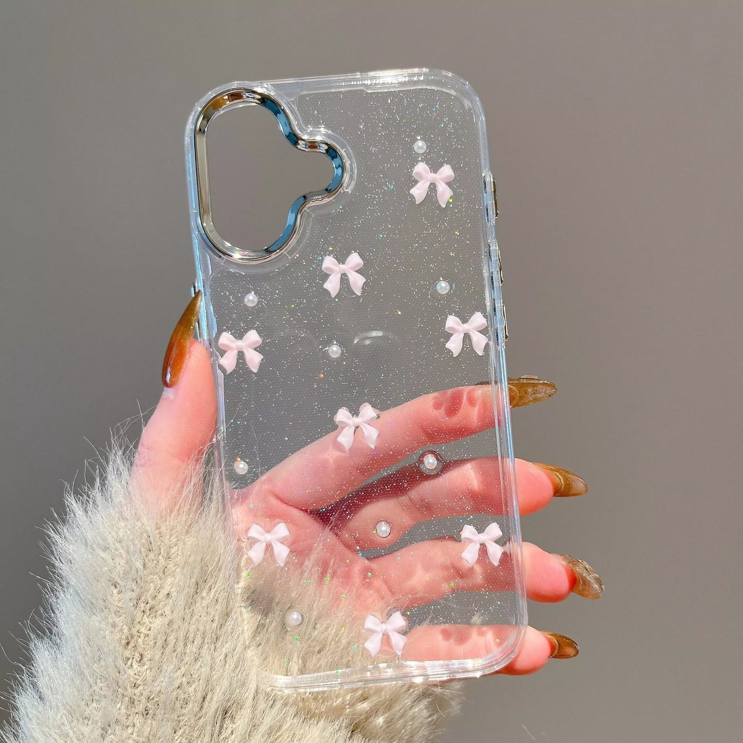 Korean Epoxy Bow Pearl Clear TPU Phone Case – Transparent Cover for iPhone