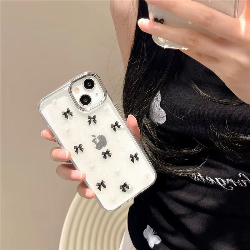 Korean Epoxy Bow Pearl Clear TPU Phone Case – Transparent Cover for iPhone