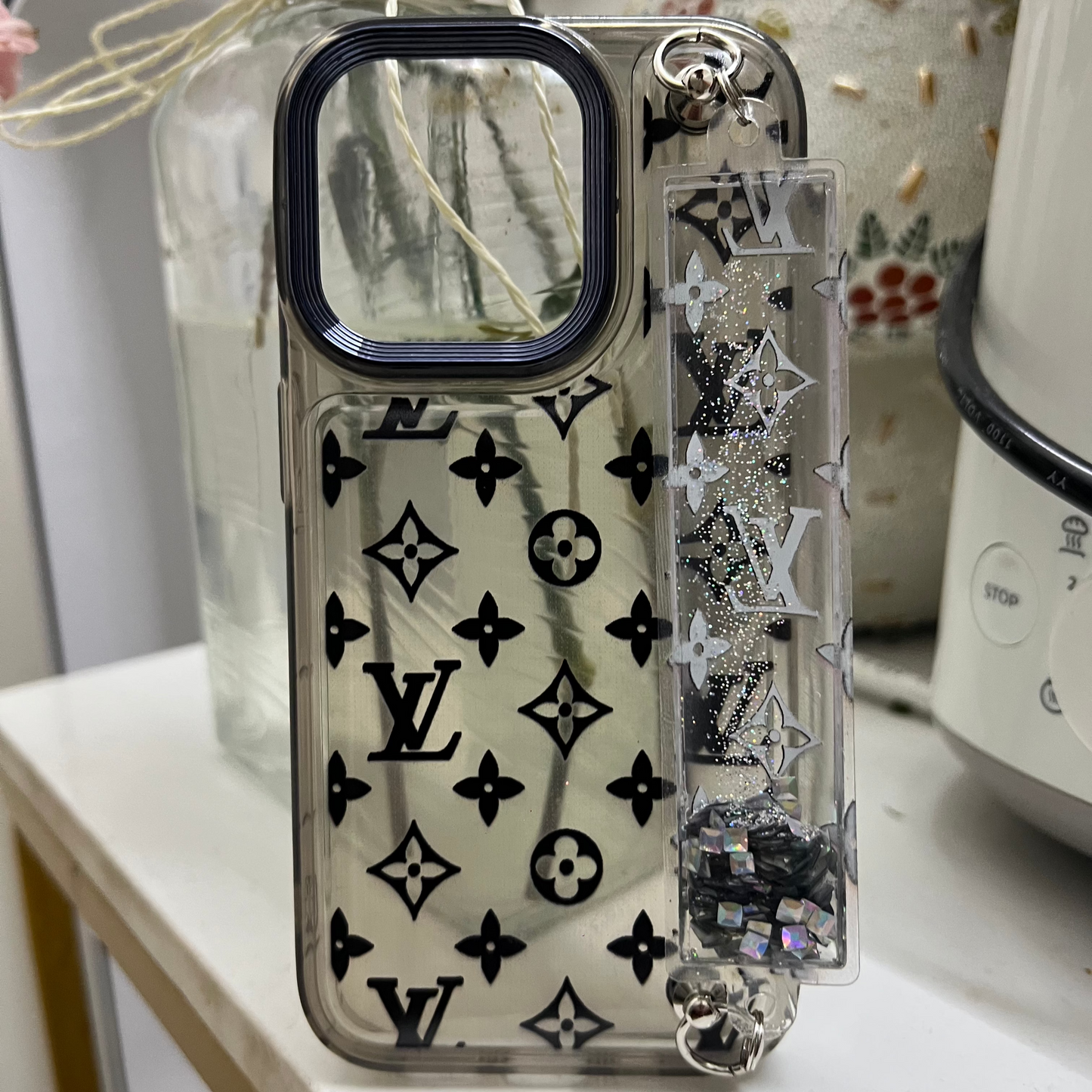 LV Premium Phone Case With Glitters inside Chain for iPhone 14 Pro and 14 Pro Max