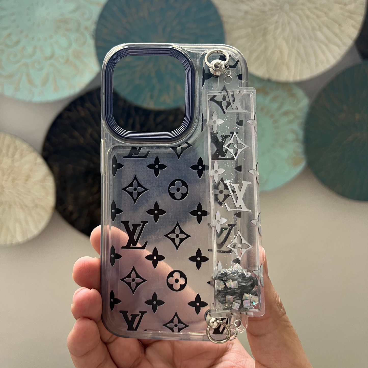 LV Premium Phone Case With Glitters inside Chain for iPhone 14 Pro and 14 Pro Max